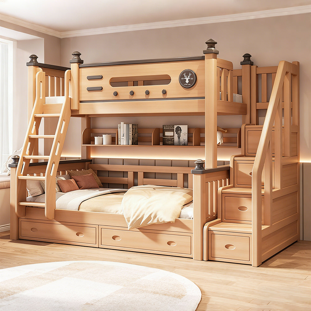 【二段ベッド】階段・本棚・引き出しが選べる多機能設計 上下分割可能な天然木フレーム