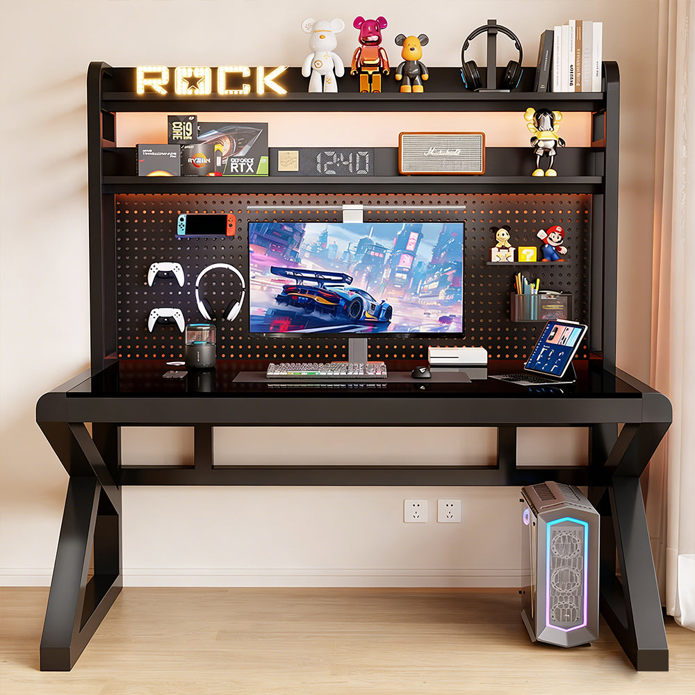 【デスク】強化ガラス天板・有孔ボード付き 選べる5サイズ・2タイプ