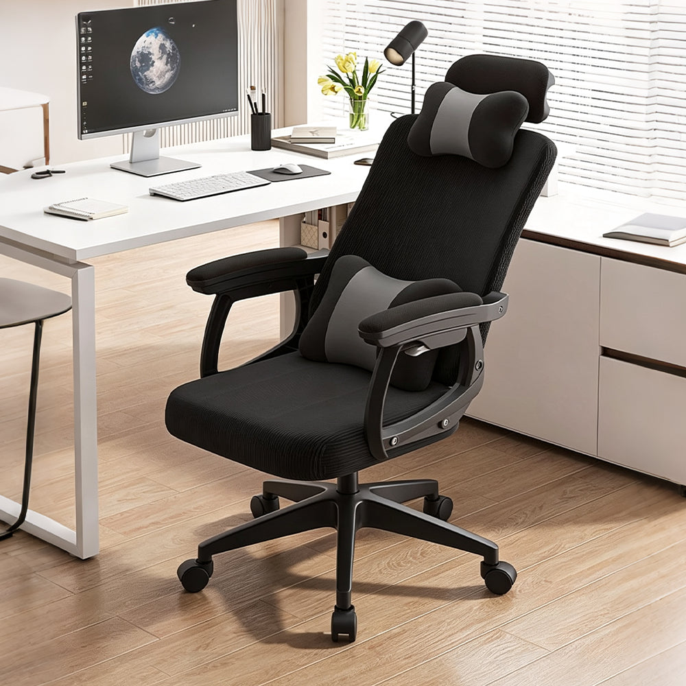 【オフィスチェア】リクライニング機能付き フットレスト付き メッシュ生地 ヘッドレスト・腰枕付き 2 色展開