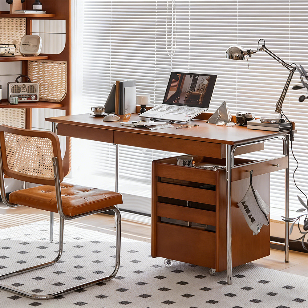 【デスク】天然木ゴムノキ×ステンレス脚 落下防止ガード付き 選べる4つの組み合わせ・3サイズ