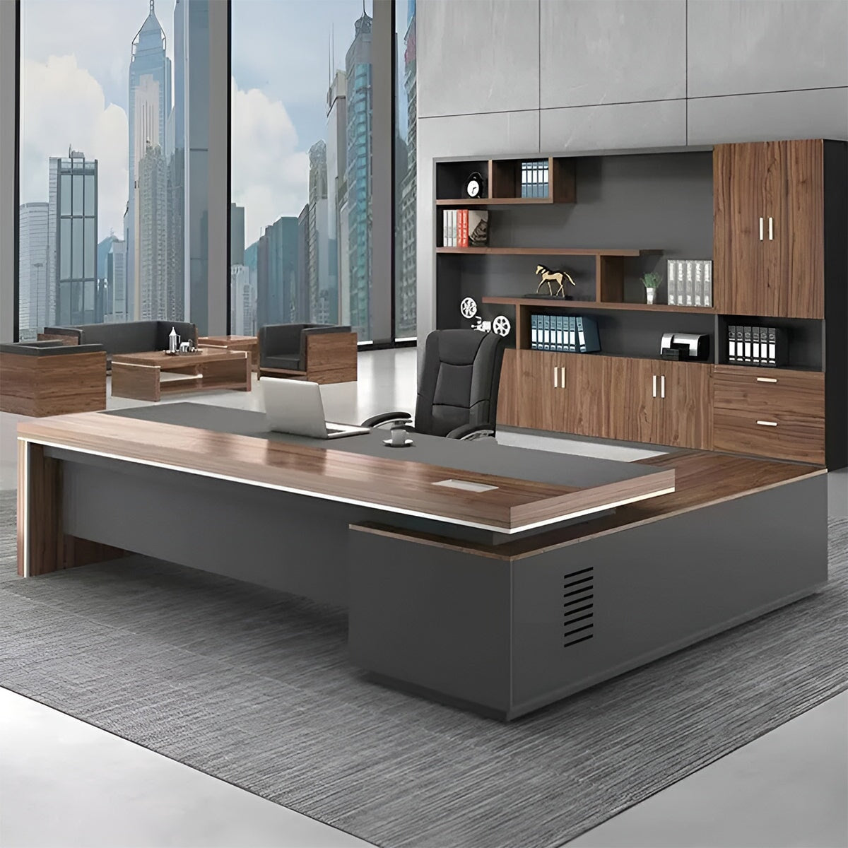 エグゼクティブデスク　 重役デスク　ワークデスク　L字デスク　配線ボックス付き　木目調　幕板付き　排気口付き　重厚感　ウォールナット　カスタマイズ可能　LBZ-K-038   