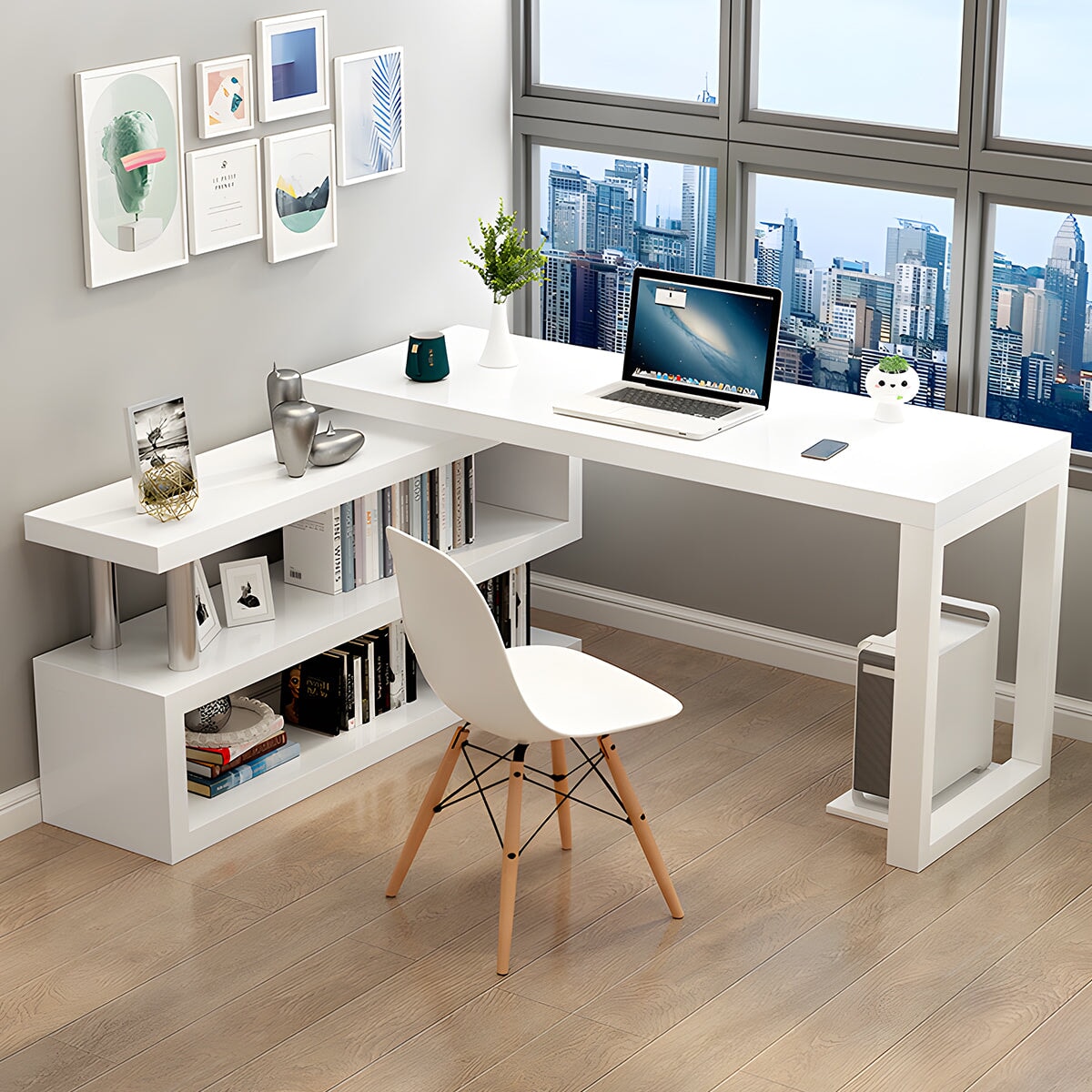 オフィスデスク　ワークデスク　事務机　L字型　広いスペース　焼付塗装　サイドキャビネット　大容量　シンプル　ホワイト　BGZ-M-142-kc