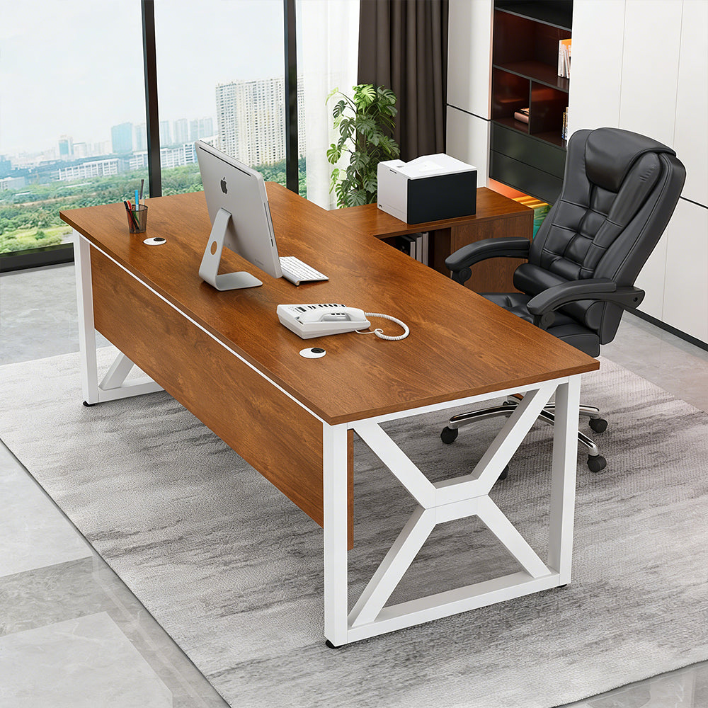 【エグゼクティブデスク】頑丈なX字型炭素鋼脚 L字型デザイン 選べる10カラー・7サイズ