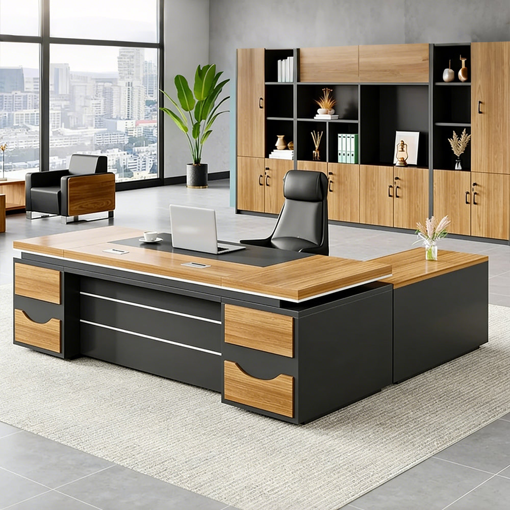 【エグゼクティブデスク】重厚感のあるL字型デザイン 配線ボックス・多機能収納付き 選べる9サイズ