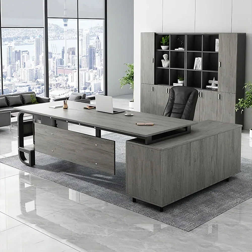 【エグゼクティブデスク】モダンなスチール脚 L字型デザイン ロック付きキャビネット 左右入替・多サイズ対応