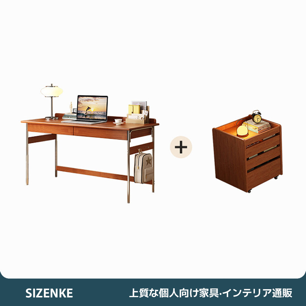 【デスク】天然木ゴムノキ×ステンレス脚 落下防止ガード付き 選べる4つの組み合わせ・3サイズ