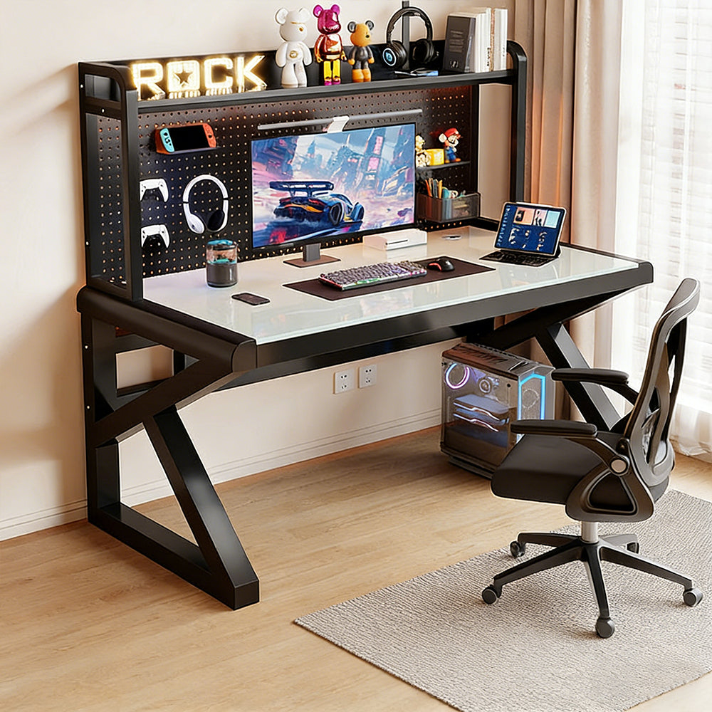 【デスク】強化ガラス天板・有孔ボード付き 選べる5サイズ・2タイプ