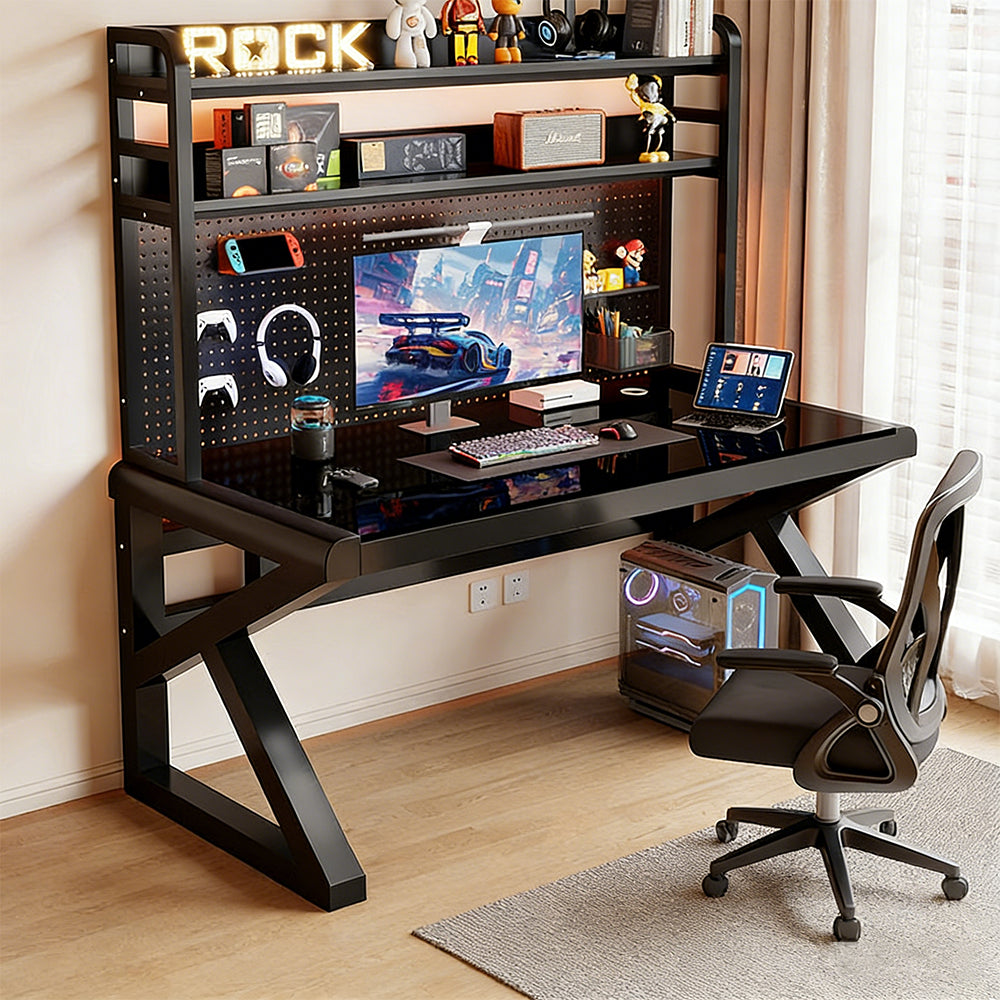 【デスク】強化ガラス天板・有孔ボード付き 選べる5サイズ・2タイプ