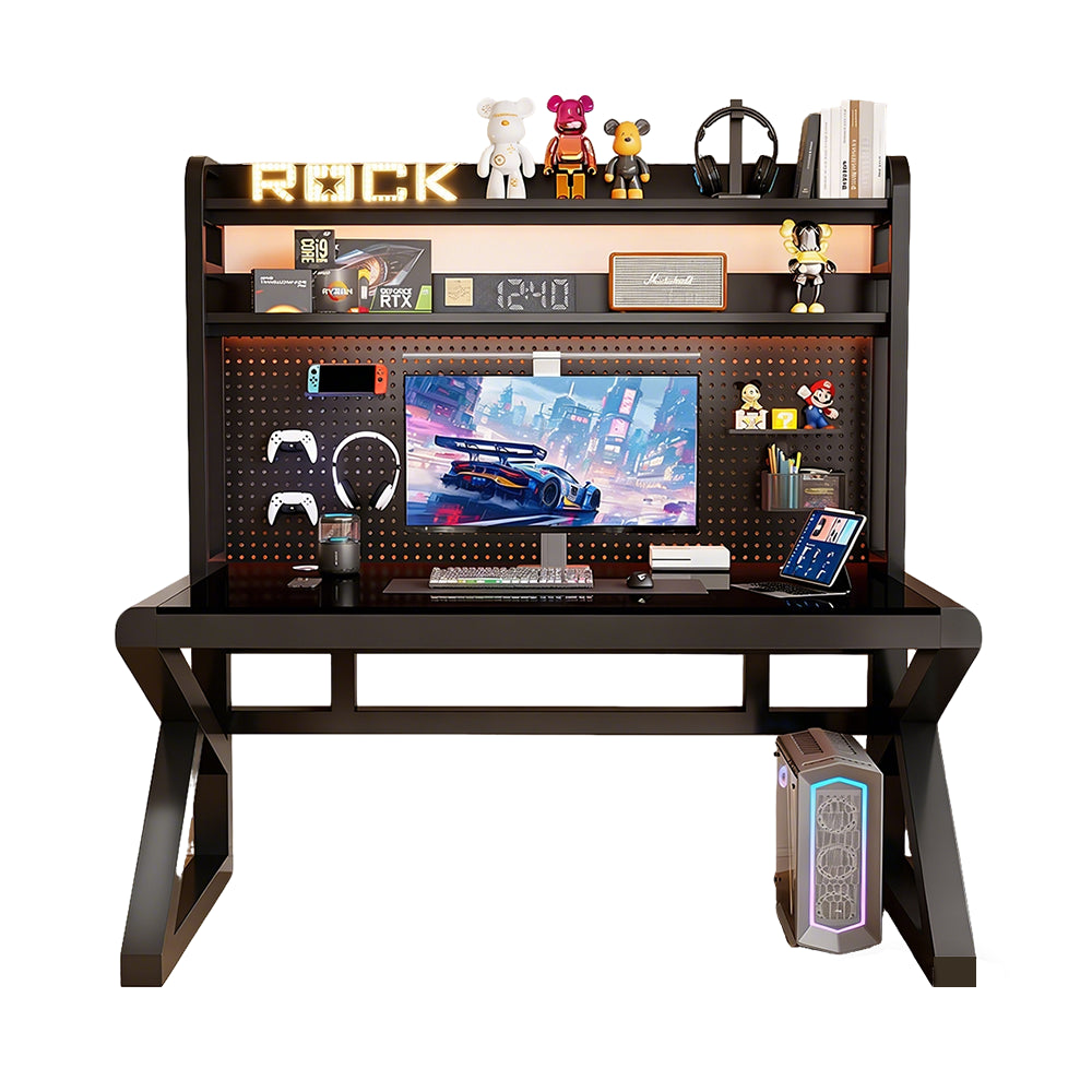 【デスク】強化ガラス天板・有孔ボード付き 選べる5サイズ・2タイプ